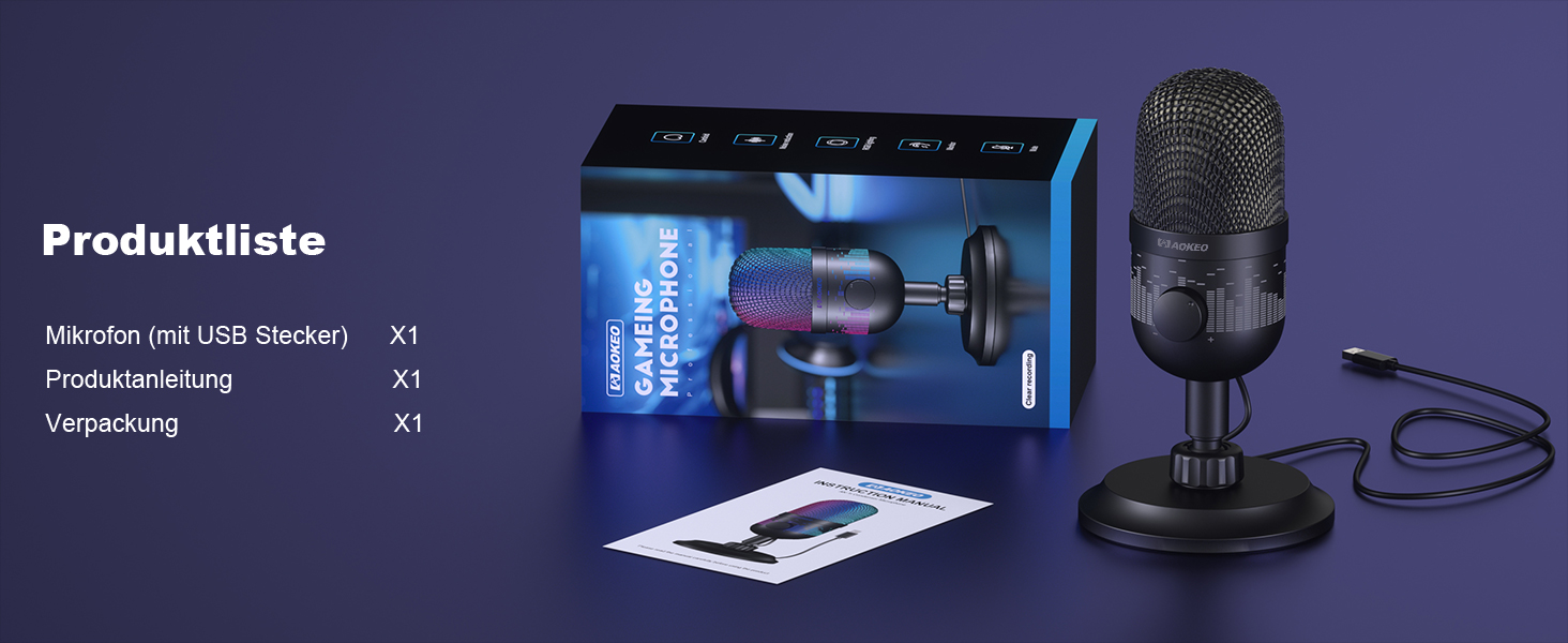 Мікрофон Aokeo для запису та стрімінгу: USB мікрофон для ПК, Mac, PS4/5, з LED-підсвічуванням