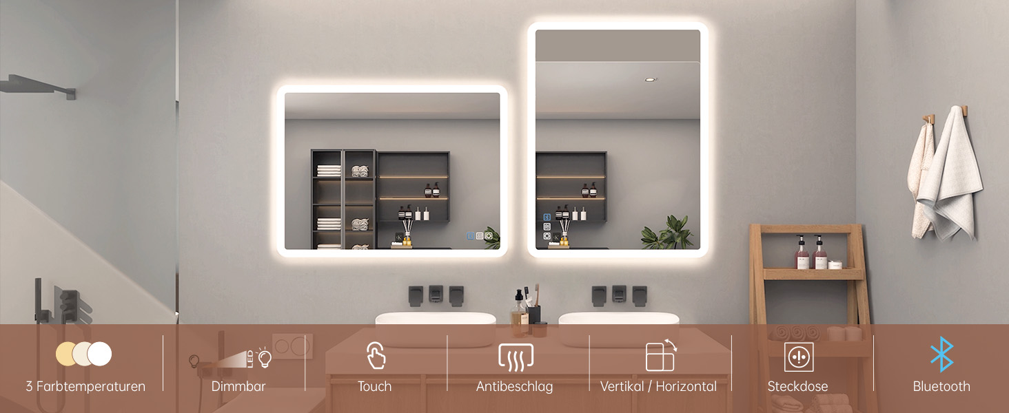 MIQU LED дзеркало для ванної кімнати з підсвічуванням 100x60 см, дзеркало для ванної з сенсорним регулюванням, антизапар, 3 кольори світла + Bluetooth + розетка, прямокутне з закругленими кутами