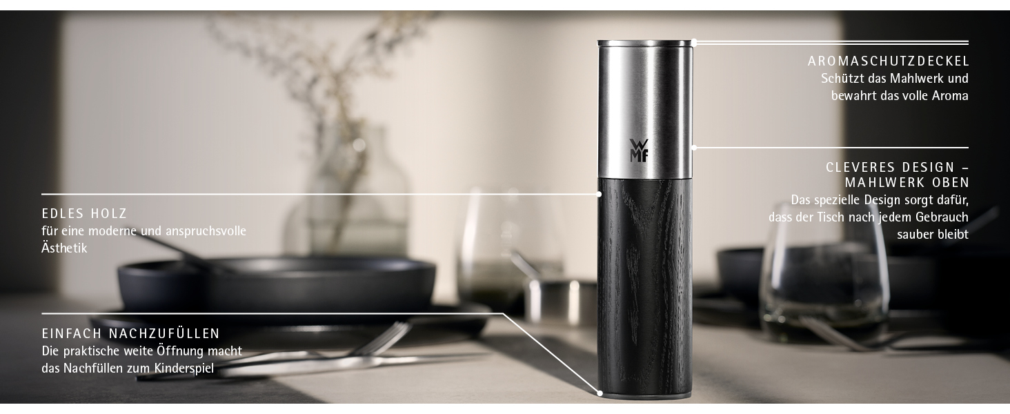 Мельниця для спецій WMF Nature Pro: сіль та перець, керамічний млин, регулювання помелу, арома-кришка, нержавіюча сталь та дерево, чорний колір