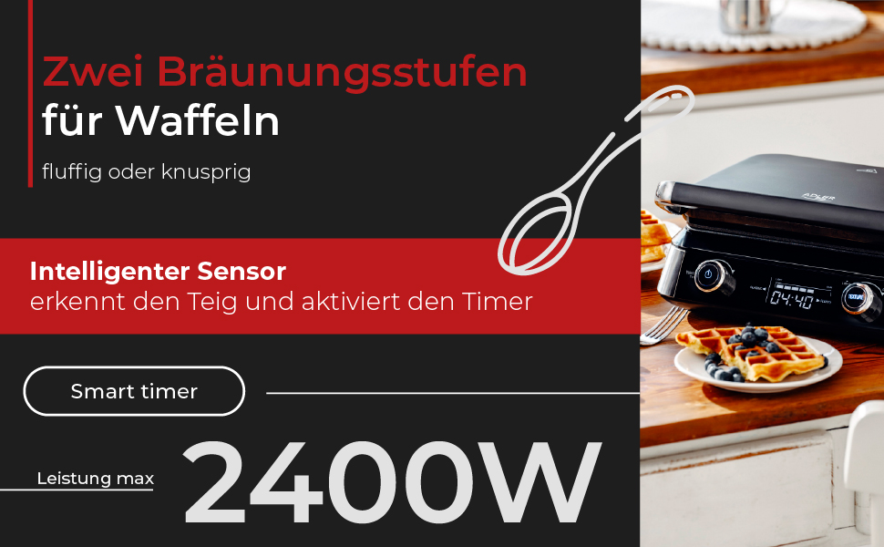 Професійна вафельниця ADLER EUROPE для бельгійських вафель з LCD-дисплеєм, 2400 Вт, 5 програм та 7 рівнів просмаження, глибокі пластини 12x13x2 см