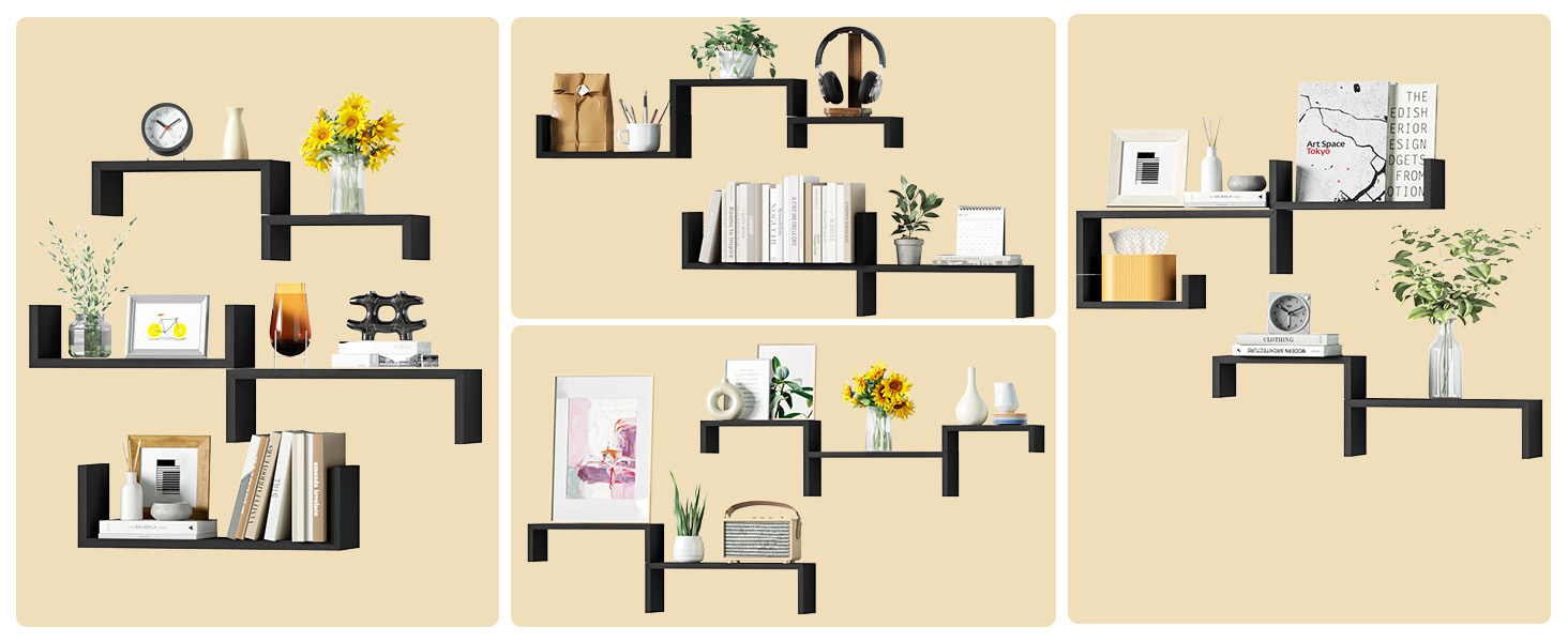 Полиця настінна SRIWATANA біла 5 шт., дерев'яна, плаваючі полиці до 40 кг, сучасна настінна полиця для декору, DIY монтаж для вітальні, ванної, спальні, офісу, кухні (Чорний)
