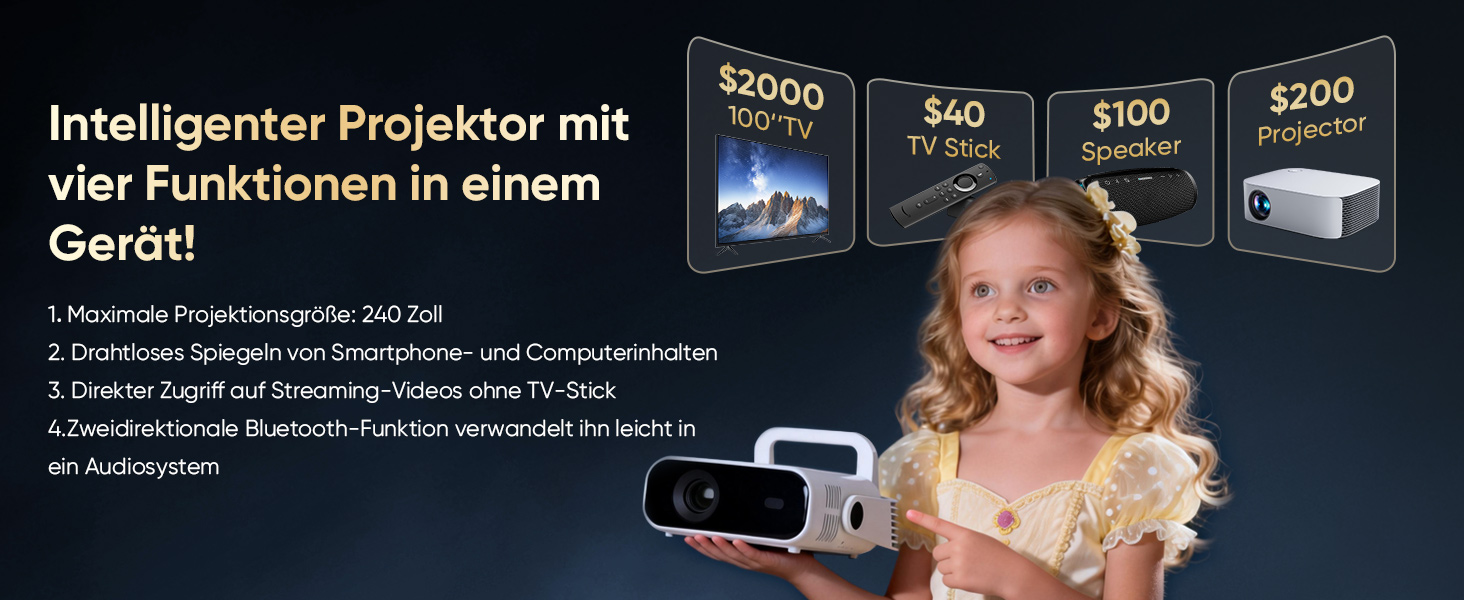 Smart міні-проектор Neuer 4K Android 14 WiFi6 BT5.2 для дому та мобільного використання (Чорний)
