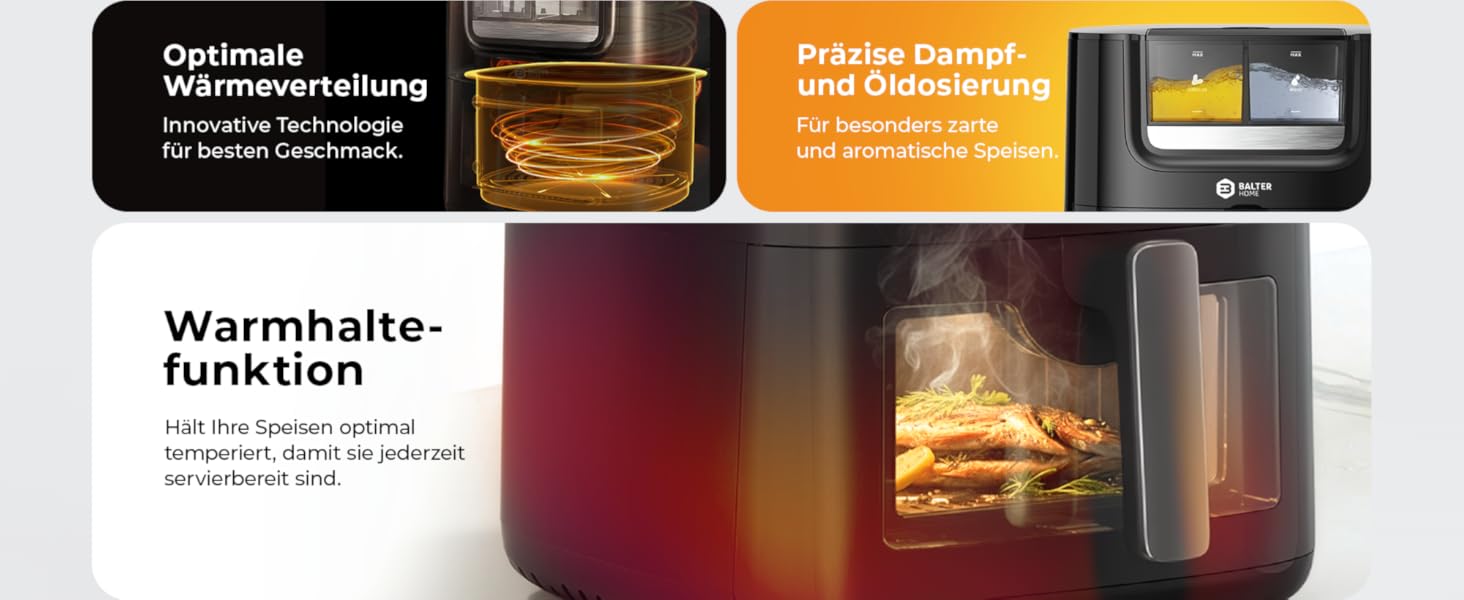 Бальтер Фритюрниця з гарячим повітрям Airfryer 5.5 л, 12 програм, з вікном, 100 рецептів, HL-551T (Чорний)