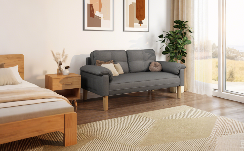 Диван Xbro 2-місний, компактний диван з підлокітниками та бічною кишенею, сучасний диван з тканини для вітальні, квартири, офісу, проста збірка, 144 x 77 x 77 см, темно-сірий