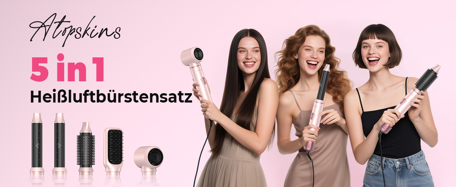 Atopskins 5-в-1 Набір для укладки волосся: Фен-щітка, стайлер для вирівнювання, об'єму та локонів Creamrosa