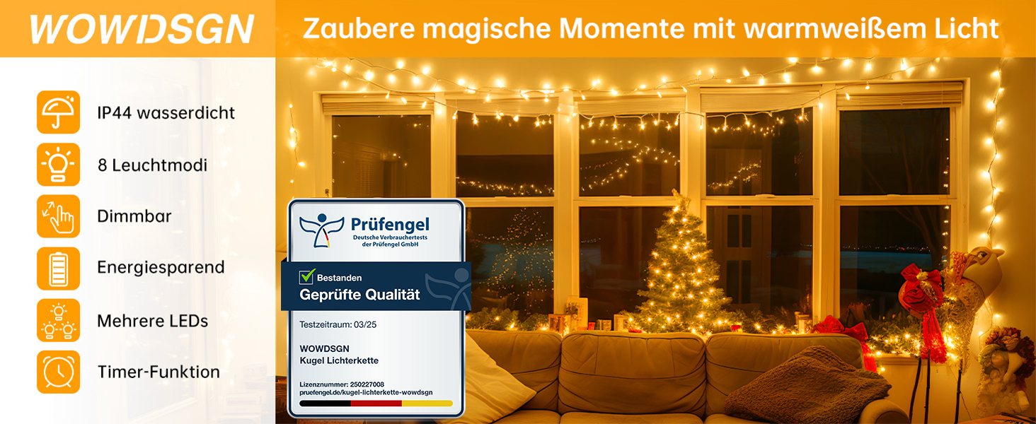 Льоководна гірлянда WOWDSGN 40M 400 LED, диммер, 8 режимів, для дому та саду, тепле світло, ідеальна для свят