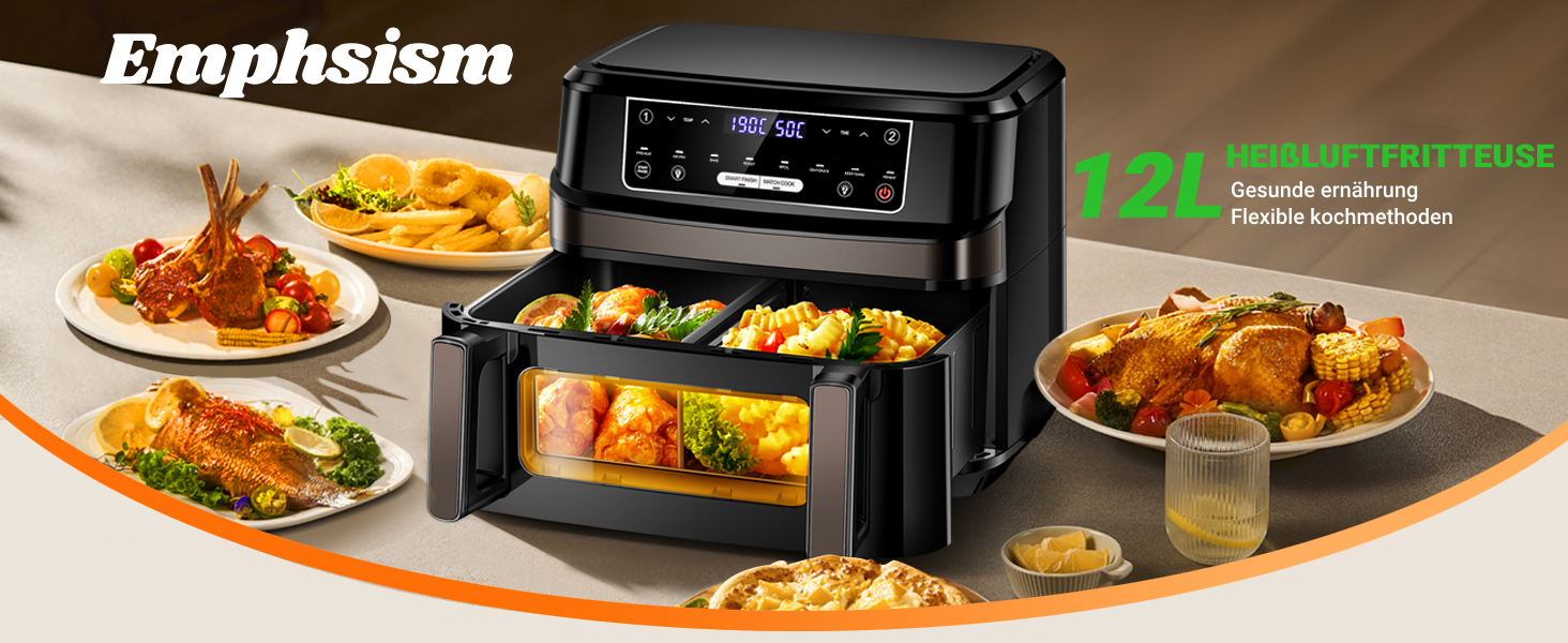 Фритюрниця повітряна XXL, 12л, 8-в-1, з двома камерами, окреме регулювання температури, сенсорний екран, чорний
