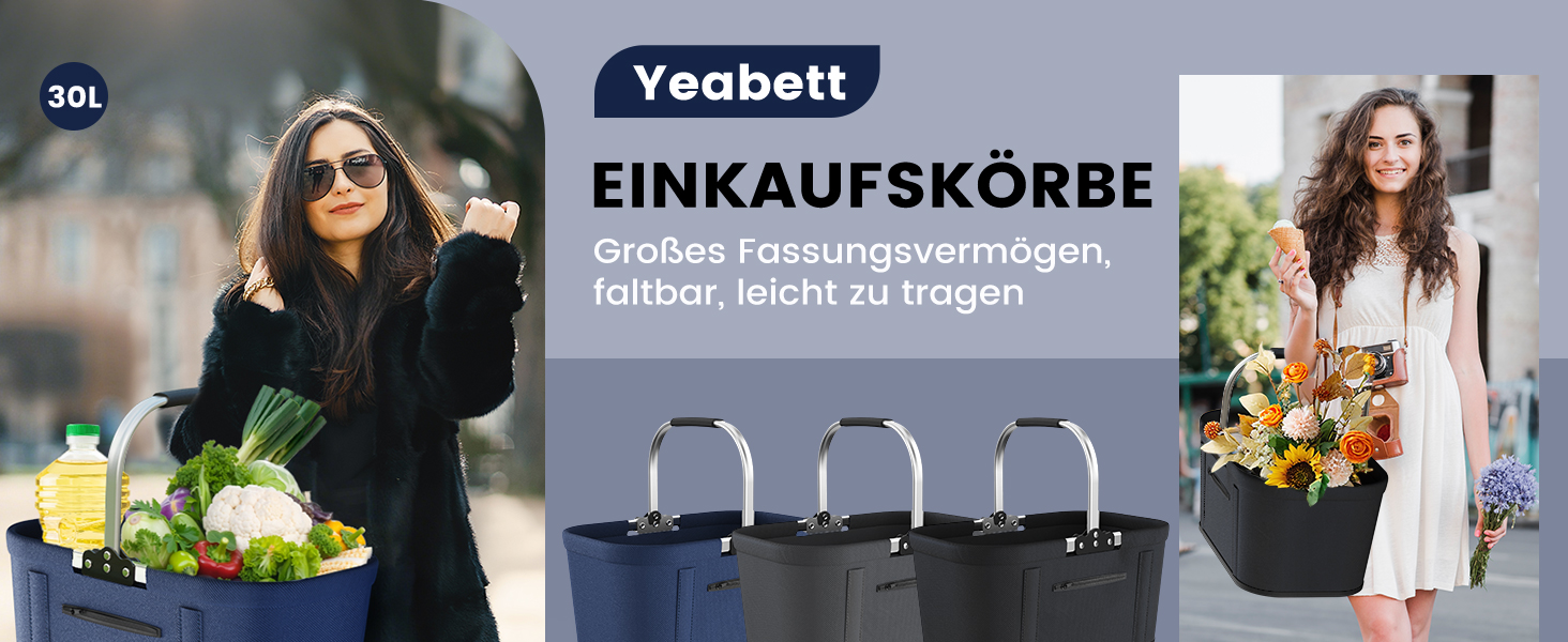 Складаний кошик для покупок та пікніка Yeabett 30Л з 4 стійками, посилені ручки, чорний (46x27x25см)
