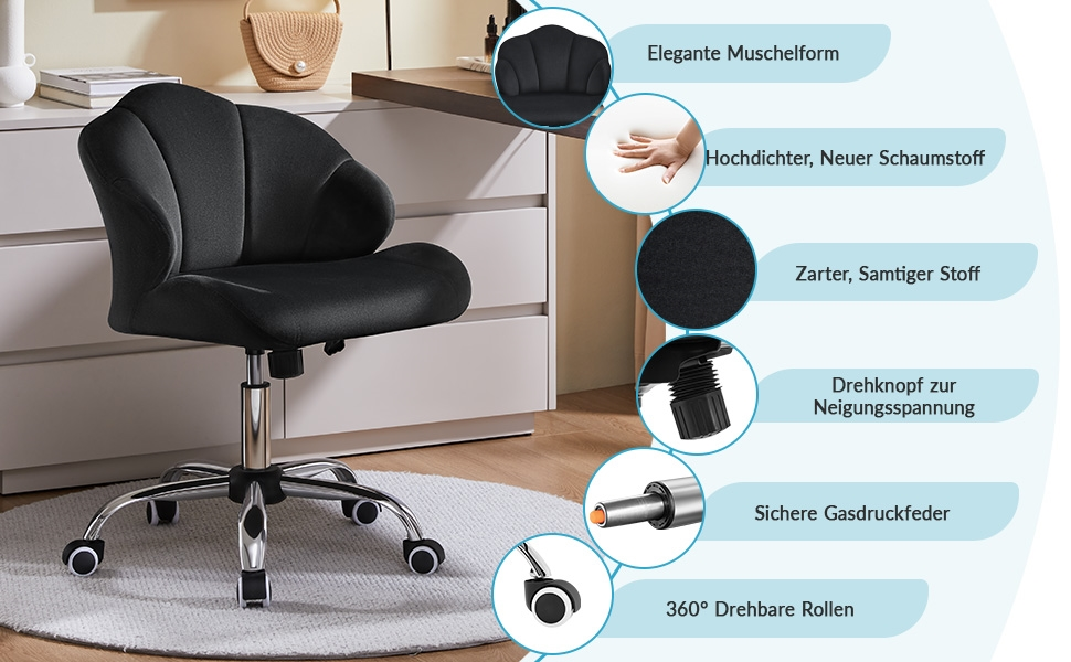 Крісло для дому та офісу Yaheetech, крісло для макіяжу, регульоване по висоті, поворотне, офісне крісло у формі мушлі з роликами, велюрове крісло, до 136 кг, білий (чорний)