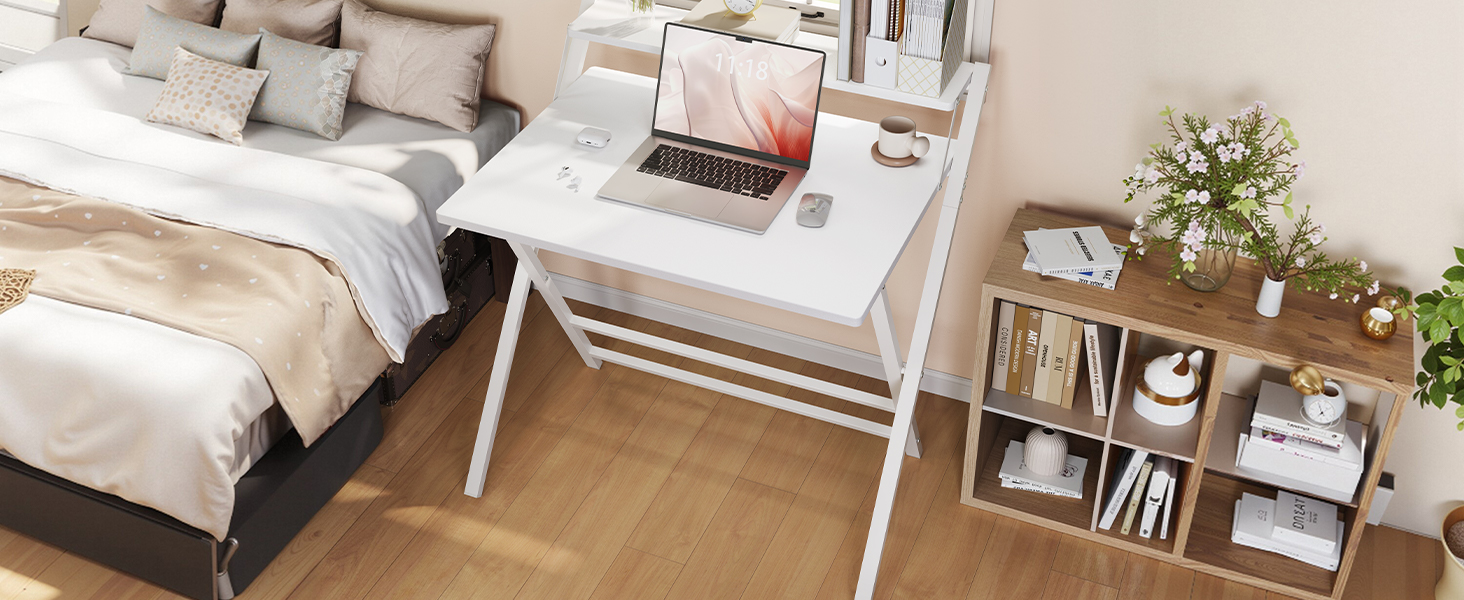 Складний стіл Yaheetech 80 см для комп'ютера з полицею, двоступінчастий робочий стіл з підставкою для монітора, стіл для ноутбука для дому/невеликих кімнат/вітальні, білий, 80 см x 50 см, 86.5x60.5x90 см