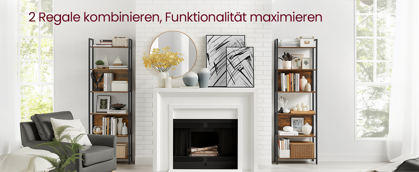 Стелаж VASAGLE з 5 відкритими полицями, для кухні, офісу, вітальні, промисловий дизайн, 24 x 128 x 154,1 см, колір vintagebraun-tintenschwarz