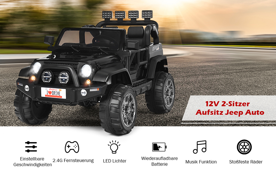 Дитячий електромобіль COSTWAY на 2 місця, 12V, з пультом, MP3, музикою, сигналом і фарами, для дітей від 3 років, чорний