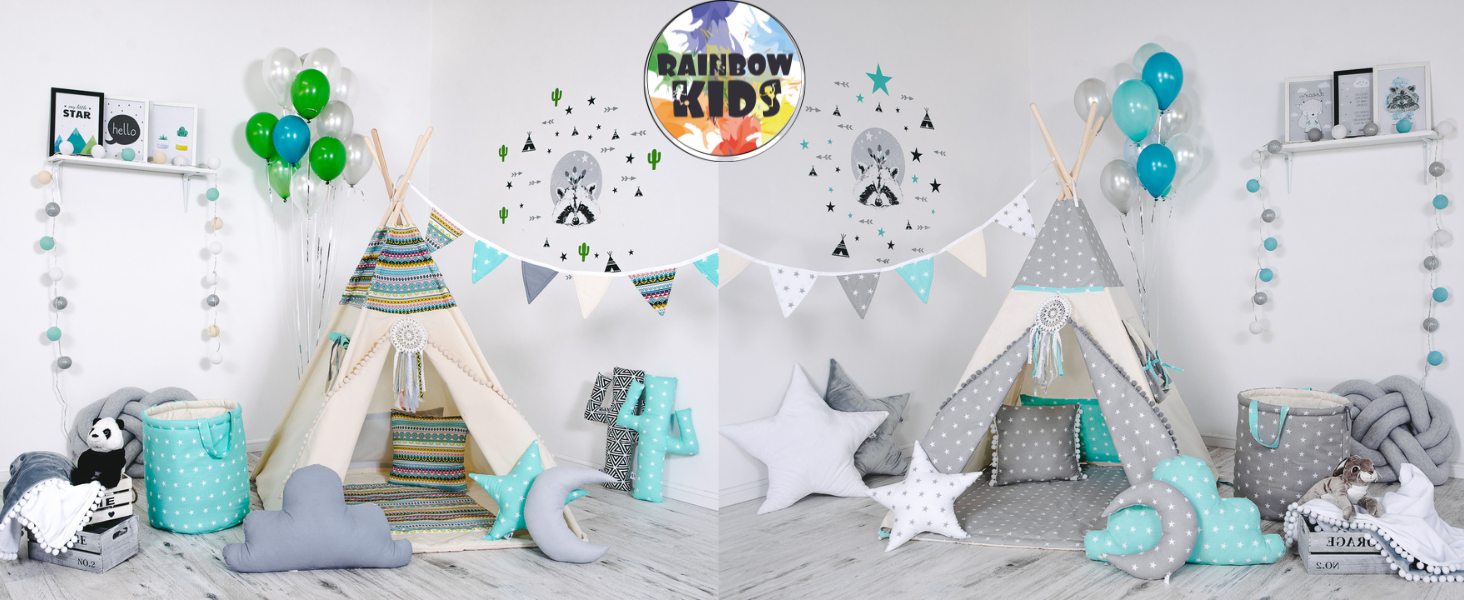 Дитяче намет-типі з ковдрою, подушкою, віконцем та кошиком для іграшок. Намет-індейський для дітей з бавовни, для гри в приміщенні та на вулиці (з елементами вовка, зірки, сірого кольору)