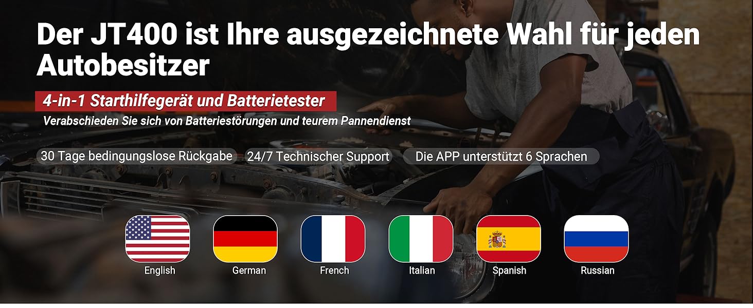 Портативний пусковий пристрій та тестер акумулятора LOKITHOR JT400: 2500A, 12V, для бензинових (8.5L) та дизельних (6.5L) авто