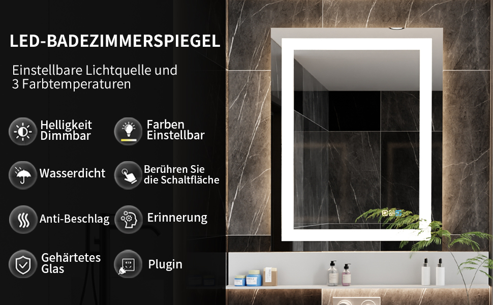 Дзеркало для ванної кімнати Luminorcrest з підсвічуванням, прямокутне 60 x 80 см, LED, 3 кольори, диммування, сенсорне управління, антизапар, CRI90+, загартоване скло, бічне та заднє підсвічування