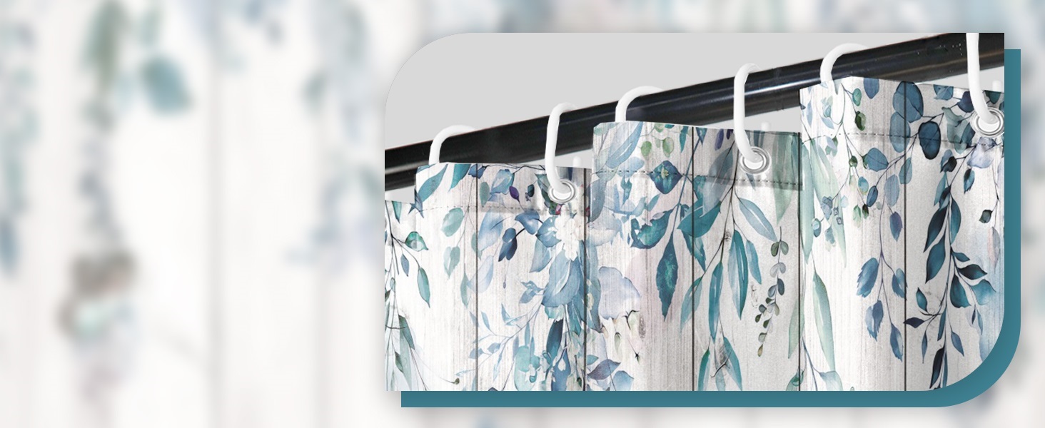 Шторка для душу 180x220 см, антигрибкова, з тропічним дизайном (пальмові листя, евкаліпт, гриби), водонепроникна, поліестер, для ванної кімнати, з 12 гачками (блакитна)