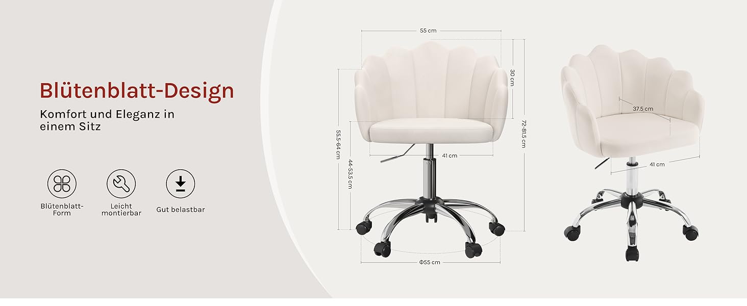 Крісло WOLTU для офісу та дому, крісло до туалетного столика з м'якою спинкою у вигляді пелюсток, поворотне з роликами, регульоване по висоті, для робочого кабінету, спальні, оксамит, бежевий