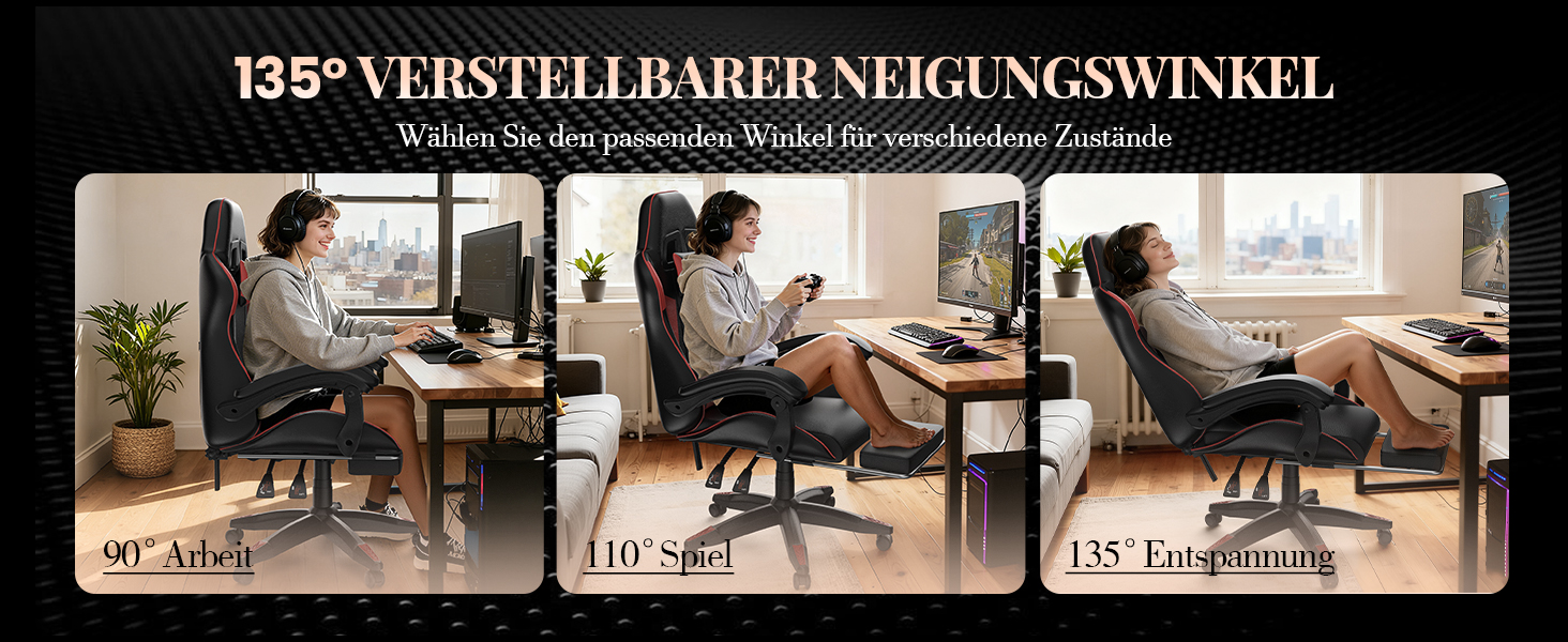 Ігровий крісло Bigzzia з масажем та підставкою для ніг, ергономічне, регульована спинка 90-135°, з подушками для голови та попереку (Червоний)