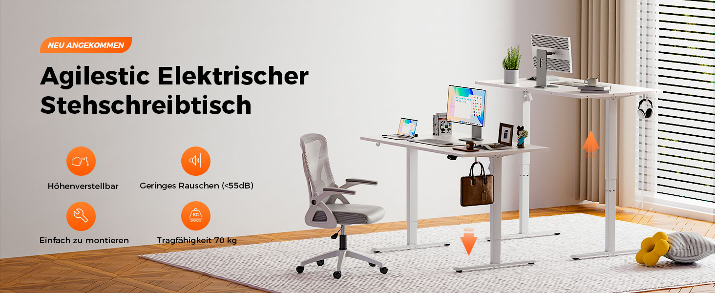 Регульований стіл Agilestic 160 x 80 см, електричний з пам'яттю, ергономічний, для комп'ютера, білий