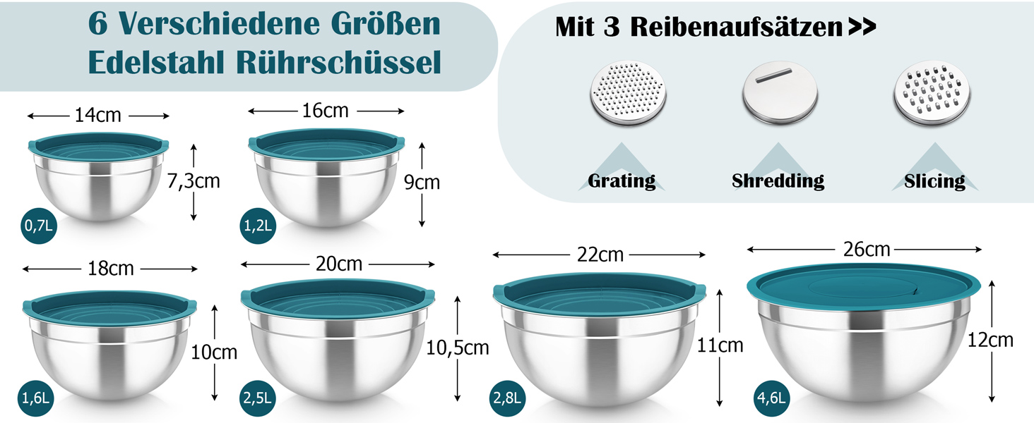 Набір салатниць TEAMFAR 6 шт. з нержавіючої сталі з кришками та силіконовим дном, 0,7L / 1,5L / 1,6L / 2,5L / 2,8L / 4,6L (блакитний)