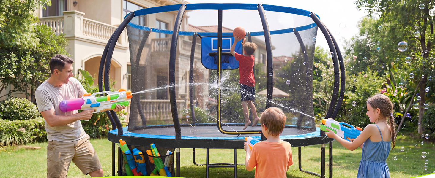 Батут Devoko вуличний з сіткою та кільцем для баскетболу, до 150 кг, Ø 305 см - для дітей та дорослих, блакитний