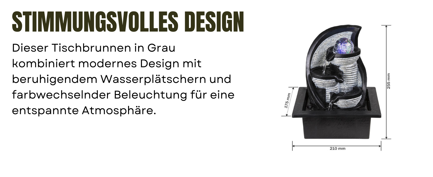 Настільний фонтан BMF-VERSAND® з RGB підсвічуванням та обертовою скляною кулею – декоративна лампа з RGB LED, кімнатний фонтан з підсвічуванням, сірий колір, куля, 4 ступені