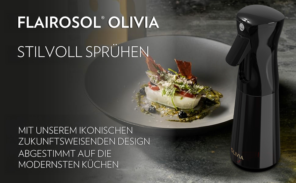 Скляний розпилювач для оливкової олії FLAIROSOL OLIVIA, 200 мл — дозатор для кухні з контролем порцій для фритюрниці, салатів та гриля (чорна пляшка)