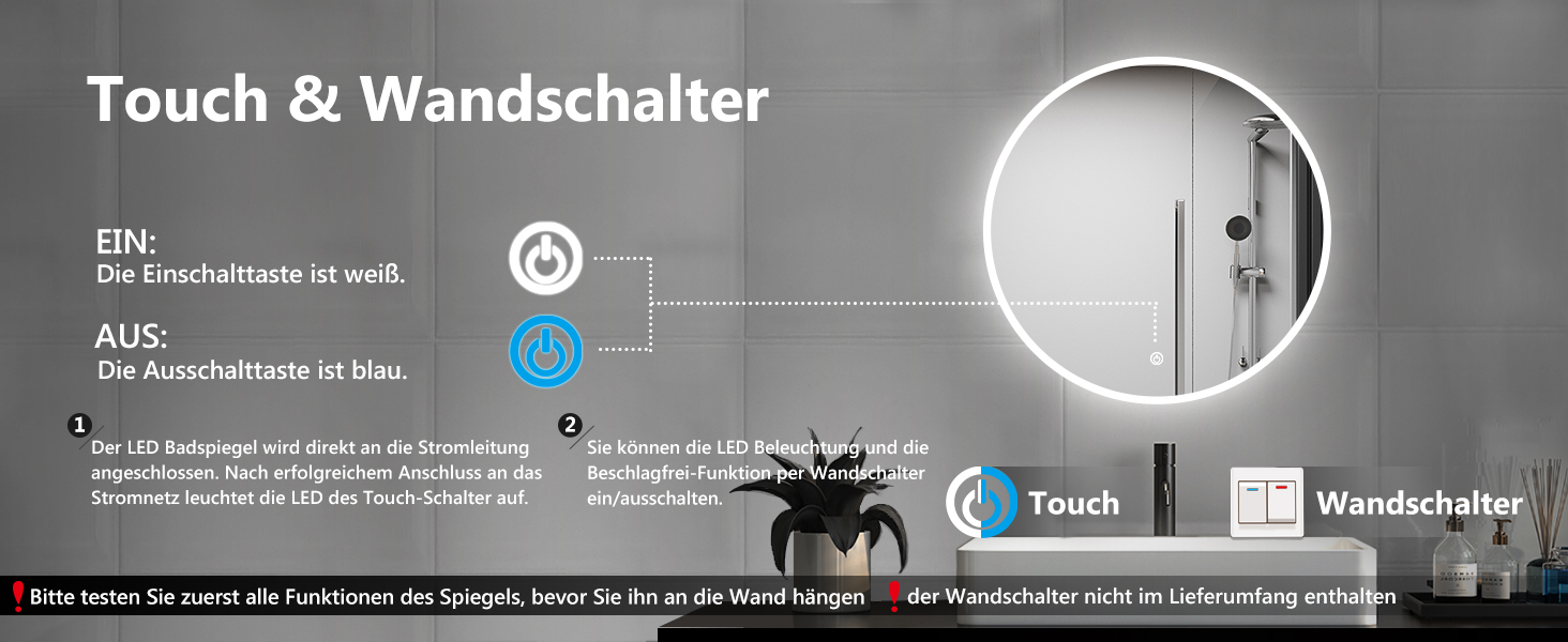 LED дзеркало для ванної кімнати Aica Sanitär, кругле, 50 см, з підсвічуванням (холодне/нейтральне/тепле світло), диммування, функція пам'яті, сенсорне управління, запобігання запотіванню, автоматичне вимкнення