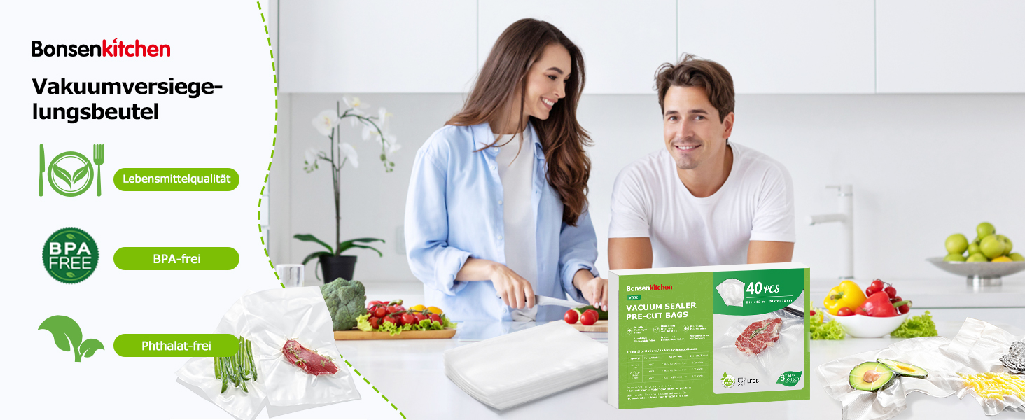 Пакети вакуумні Bonsenkitchen Profi VB3205 (20x30 см, 40 шт) для харчових продуктів, Sous Vide, вакуумних апаратів, без BPA