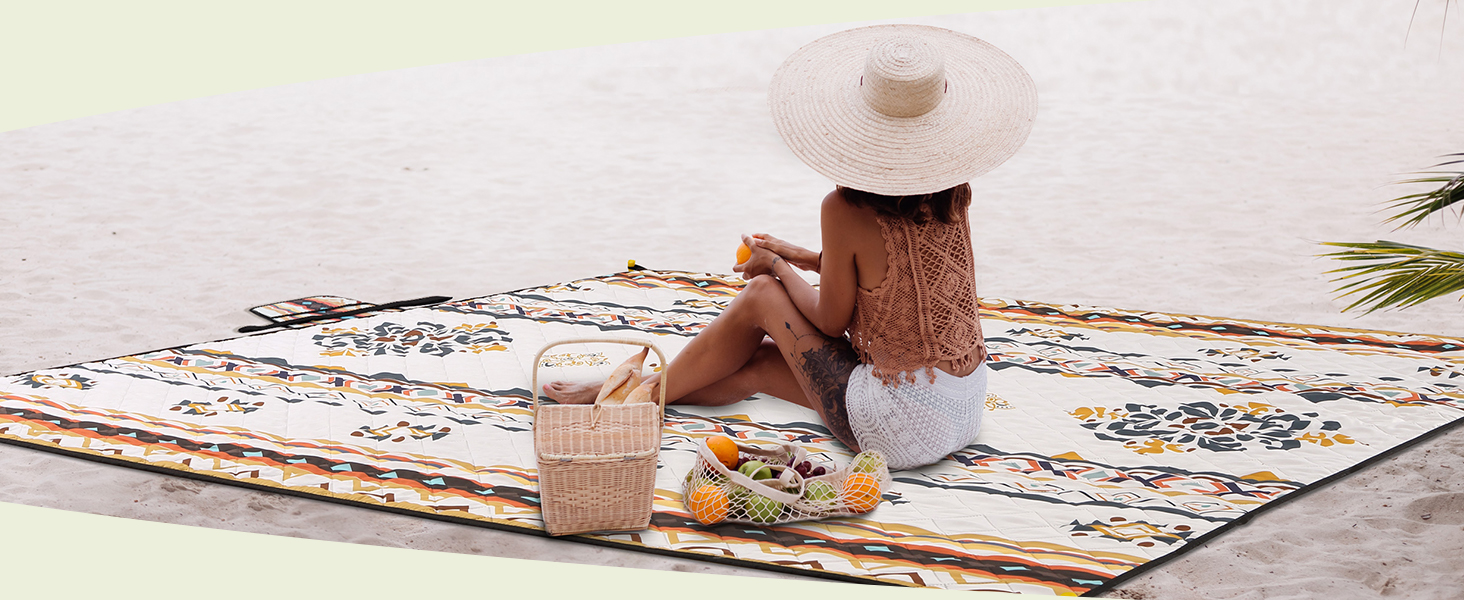 Водонепроникний килимок для пікніка HausProfi Boho 200x200 см, ізольована пляжний ковдра для кемпінгу з бавовняним наповнювачем, ручкою та кілками