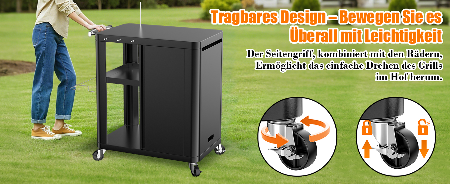 Гриль-возна Гриль-стіл з відкидним столиком, вулична кухня з гачками, полицею та шафкою, сервізний візок на колесах, чорний (143×37×89 см)
