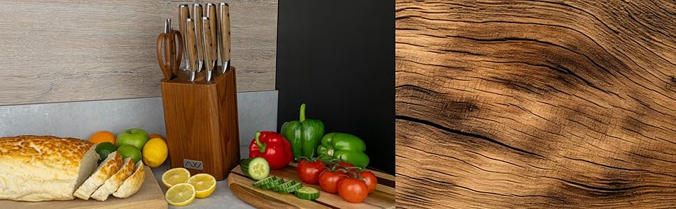 Набір кухонних ножів Rockingham Forge Ashwood 8 предметів з дерев'яною підставкою, точилка та ножиці – професійні ножі з нержавіючої сталі, преміум-якість