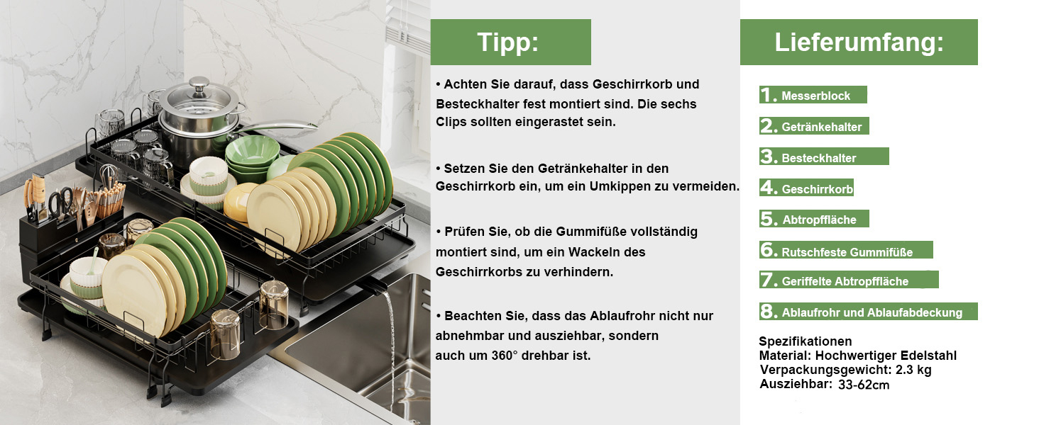 Сушарка для посуду ROTTOGOON розширювана, чорна: складана стійка з нержавіючої сталі, зливний жолоб та відділення для столових приборів
