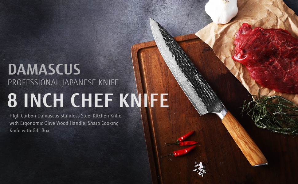 Ніж кухарський Damast 20 см Hecef, професійний ніж шеф-кухаря, японський ніж з 67 шарів дамаської сталі, гостре м'ясне лезо з ручкою з оливкового дерева