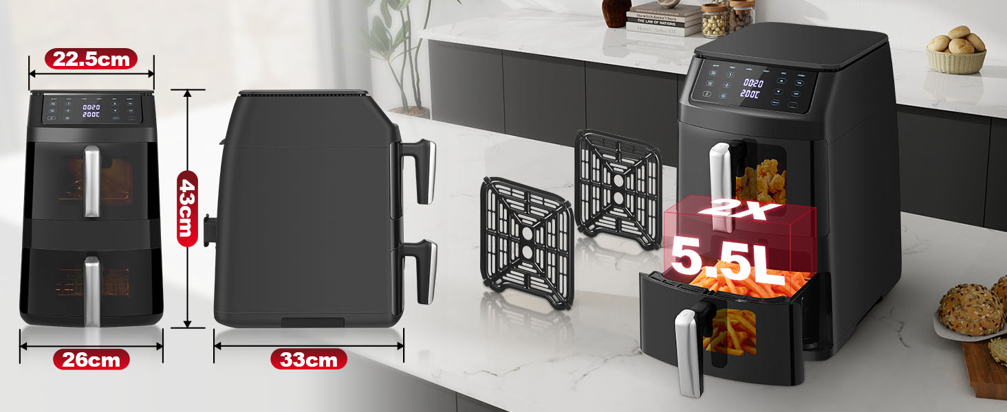 Вертикальна аерофритюрниця TopStrong з двома камерами 11л, 2500W, з вікном перегляду та 6 функціями приготування, чорна