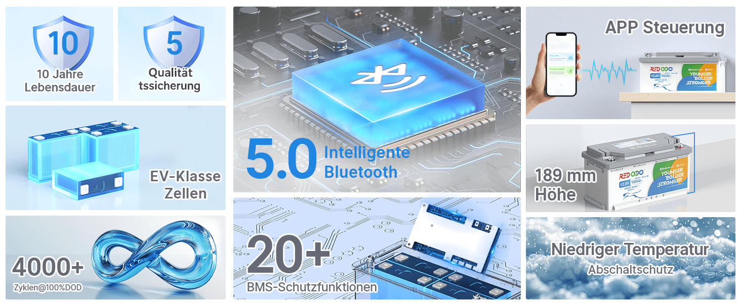 LiFePO4 акумулятор Redodo 12V 100Ah для підсидіння з Bluetooth та Smart BMS 100A, DIN H8/L5 (H190)