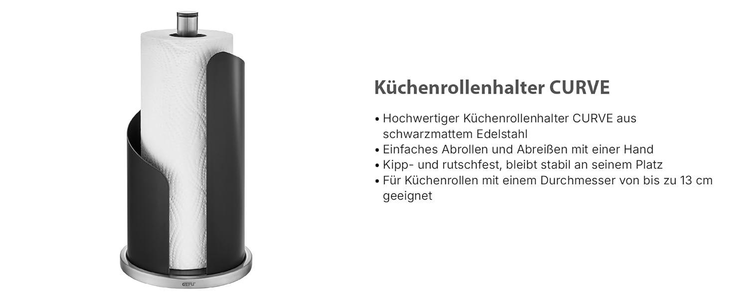 Тримач для паперових рушників GEFU Curve, чорний матовий stainless steel, стійка основа, для рулонів до 13 см, висота 30 см