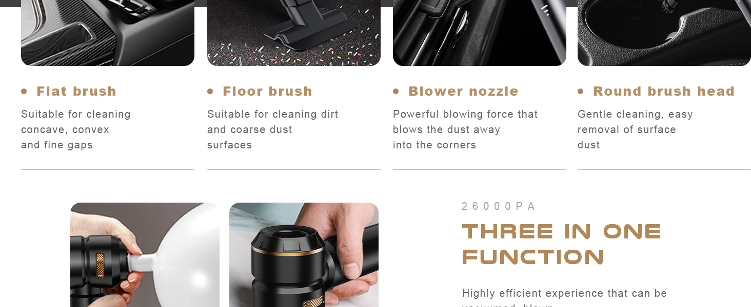 Акумуляторний ручний пилосос KITBEZN 4-в-1 для авто та дому, бездротовий міні-пилосос з безщітковим двигуном, потужність 26000Па, 3 режими роботи, чорний