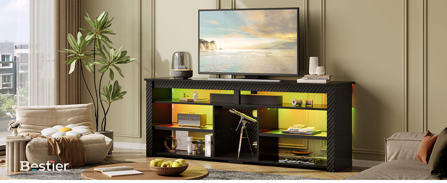 Тумба під телевізор Bestier 70 дюймів з LED-підсвіткою, для PS5, чорний мармур 160x33.8x66.8 см