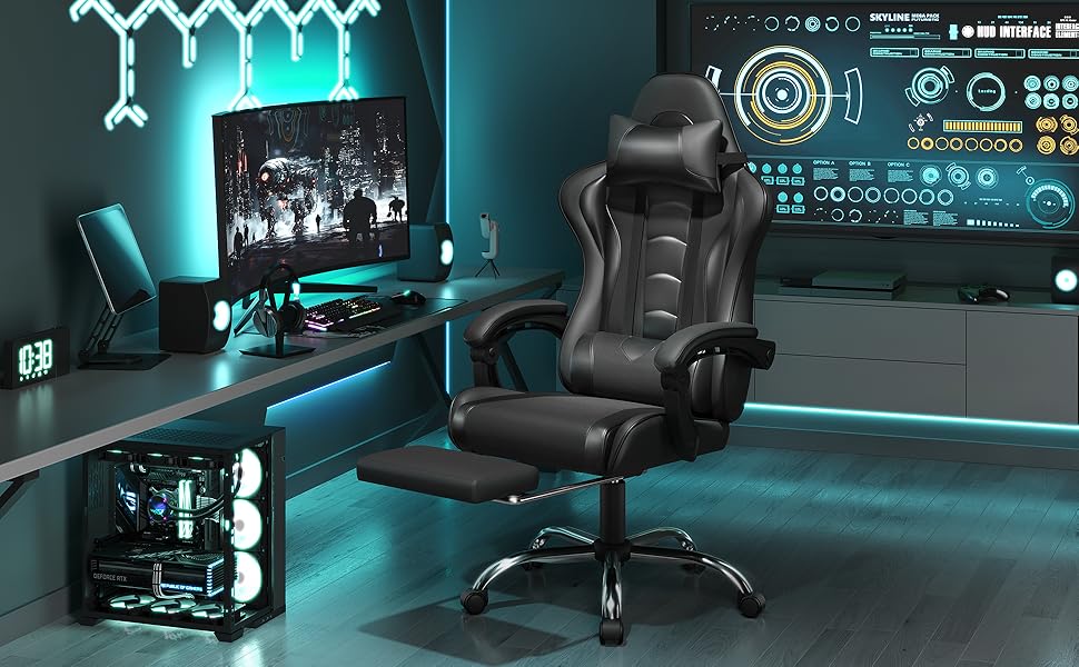 Ігровий крісло Yaheetech з масажем, регульована спинка 90-135°, комп'ютерне крісло з підніжкою, білий (чорний)