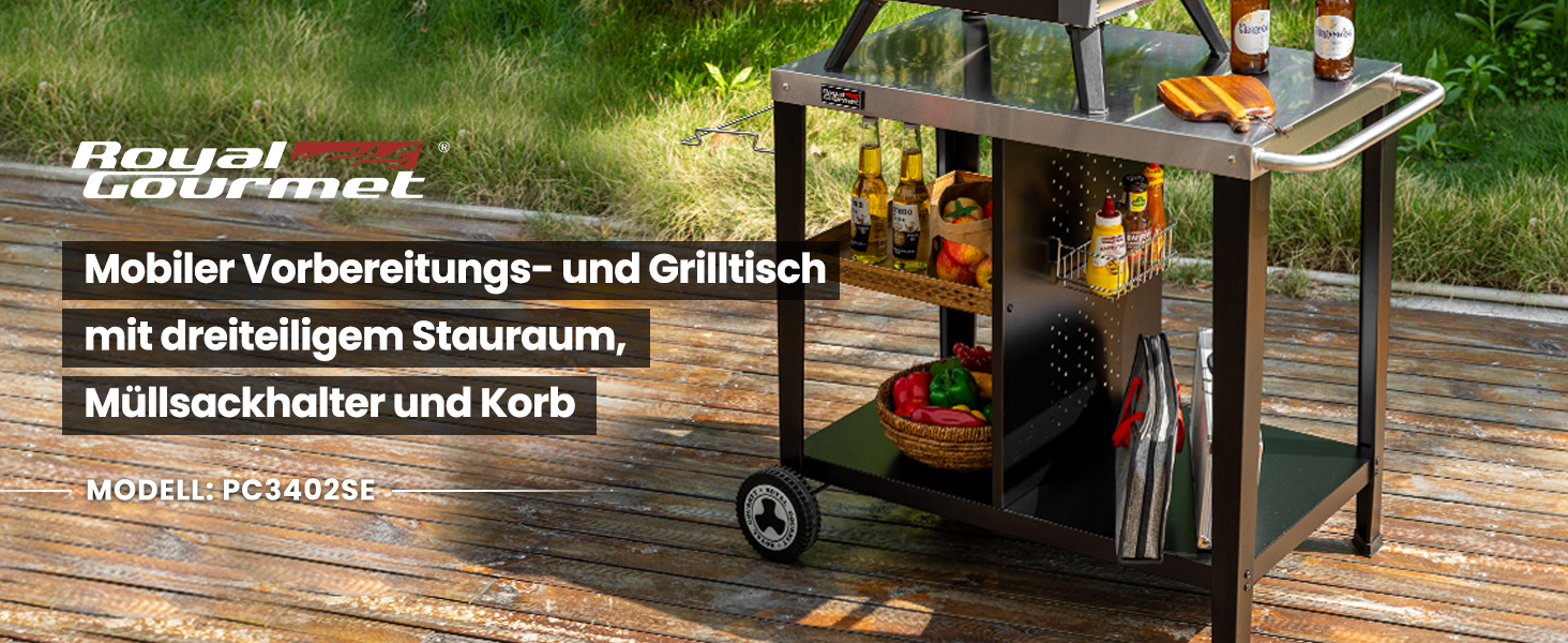 Роял Гормет: Робоча поверхня для гриля 85x50 см з нержавіючої сталі, візок на 3 яруси для гриля та піци, з ручками, тримачем для сміття та полицями для зберігання, легко миється та мобільний