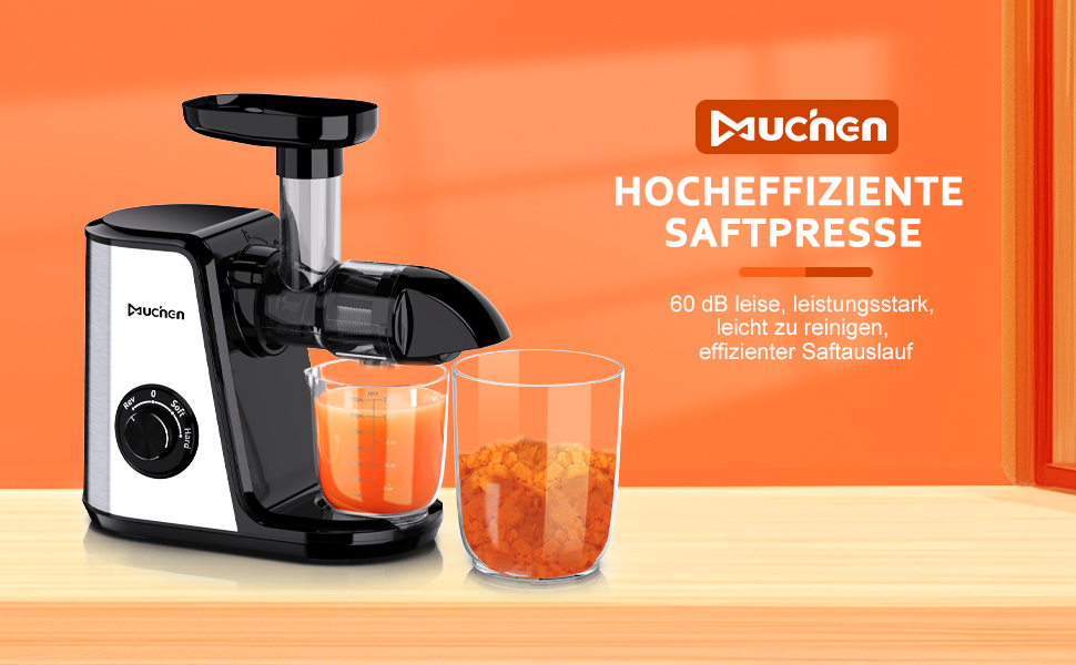 Соковитискач Muchen Slow Juicer: тиха робота, подрібнення назад, легке очищення, нержавіюча сталь, чорний та срібний, з кулінарною книгою (одноканальний)