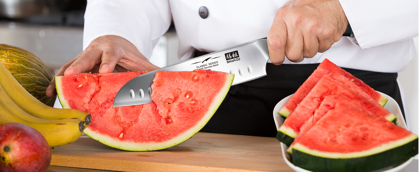 Ніж шеф-кухаря SHAN ZU Santoku: 18 см, нержавіюча сталь, ергономічна ручка, подарункова коробка