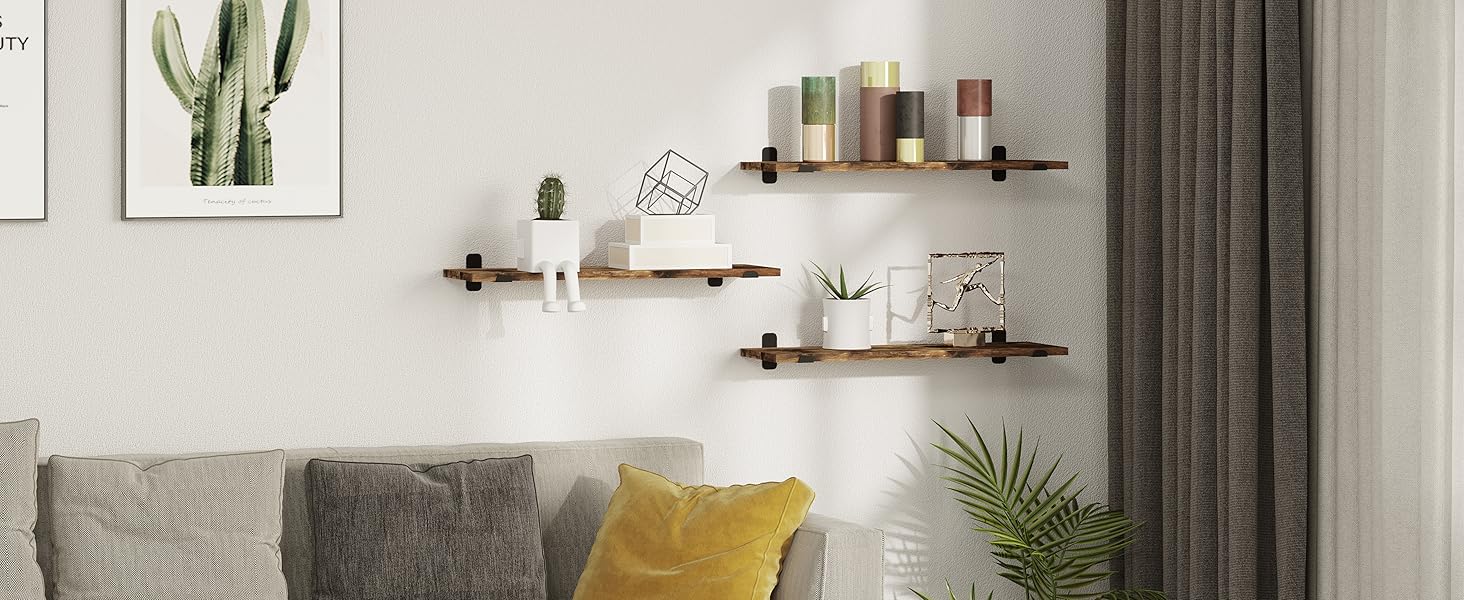 Полиця настінна EUGAD 3 шт., плаваючі полиці 60 см, дерев'яний декор вінтаж, настінні полиці для вітальні, кухні, офісу, ванної, витримує до 15 кг/полиця, коричневий вінтаж