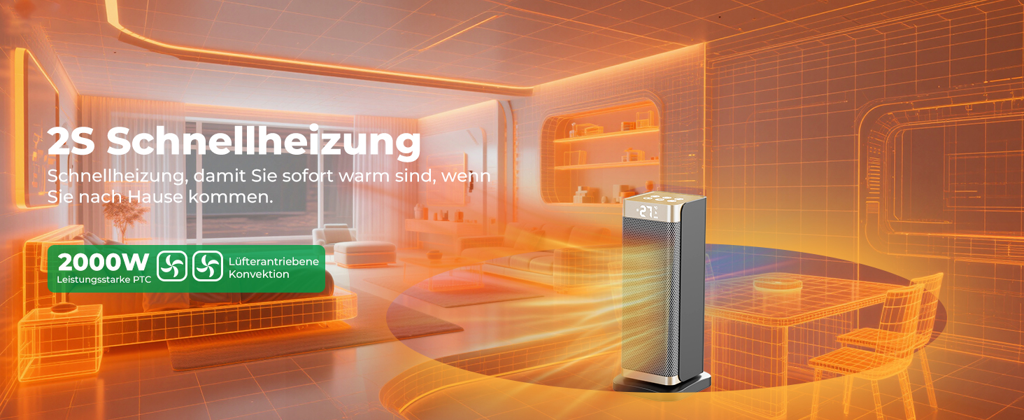 Електричний обігрівач 2000W з енергозбереженням, тихий, 3 режими, PTC кераміка, швидкий нагрів, ECO-режим, пульт ДУ, таймер 12H, поворот 70°, для офісу, спальні, ванної кімнати, золотий