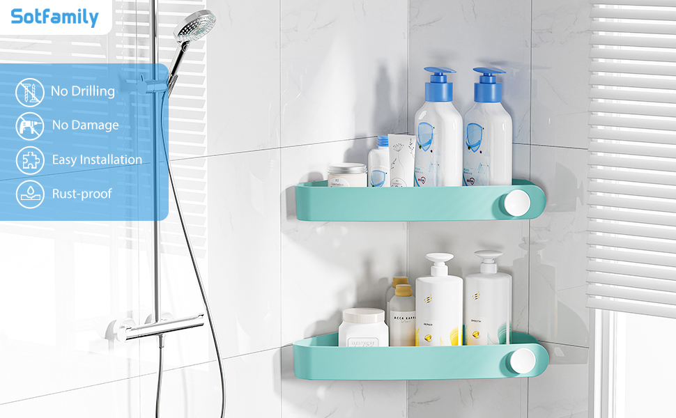 Набір з 4 полиці для душу Sotfamily без свердління, кутові (90°), пластикові, для шампуню та мила, турецький блакитний