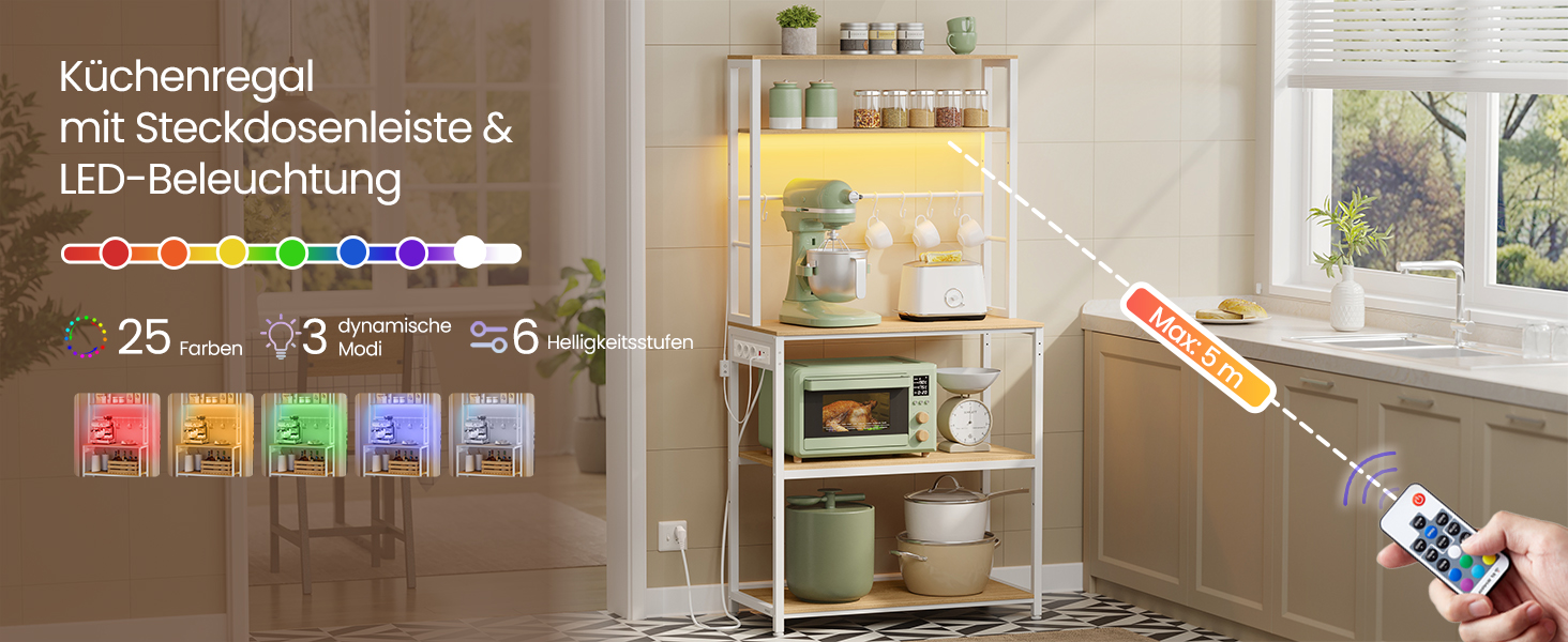 Кухонний стелаж VASAGLE з LED-підсвіткою та розетками, полиця для мікрохвильової печі з регульованими полицями та 8 гачками, 40 x 80 x 168,4 см, колір золотий дуб та білий матовий