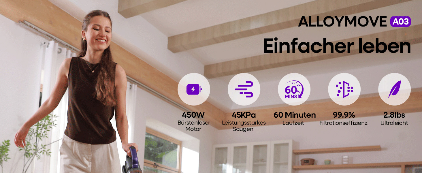 Акумуляторний бездротовий пилосос AlloyMove A03 Lila: 45000Pa, 450W, 60 хвилин, LED, для тварин, килимів, твердих поверхонь