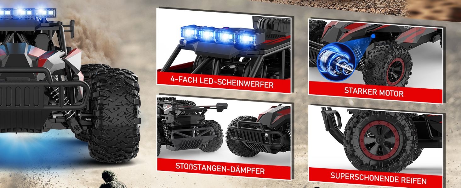 Радіокерований позашляховик Kolegend для хлопчиків, 2 акумулятори, 50 хв, масштаб 1:12, 25 км/год, 2.4 GHz, червоний