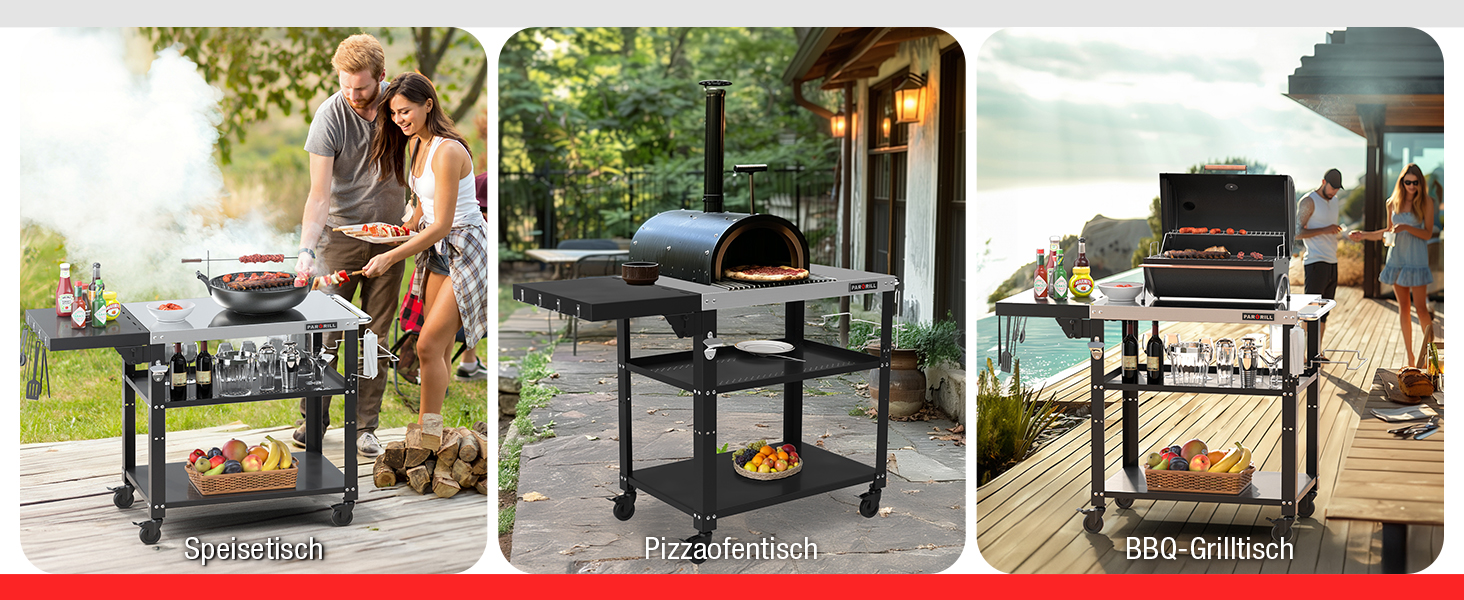 Мобільний сервісний візок для гриля з 3 рівнями, відкидним столиком та поворотними колесами на 360° з гальмом – багатофункціональний гриль-стіл з нержавіючої сталі для барбекю та саду